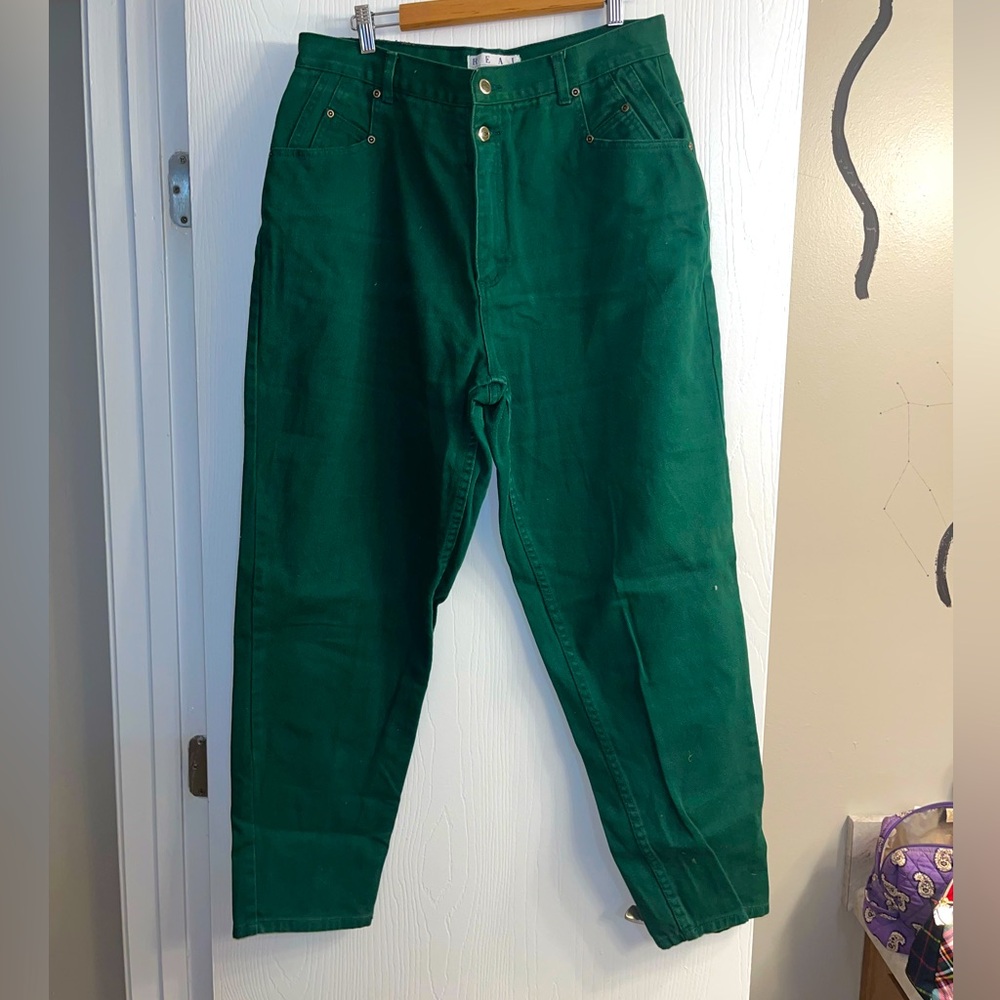 Real Comfort Green button fly skinny jeans.
